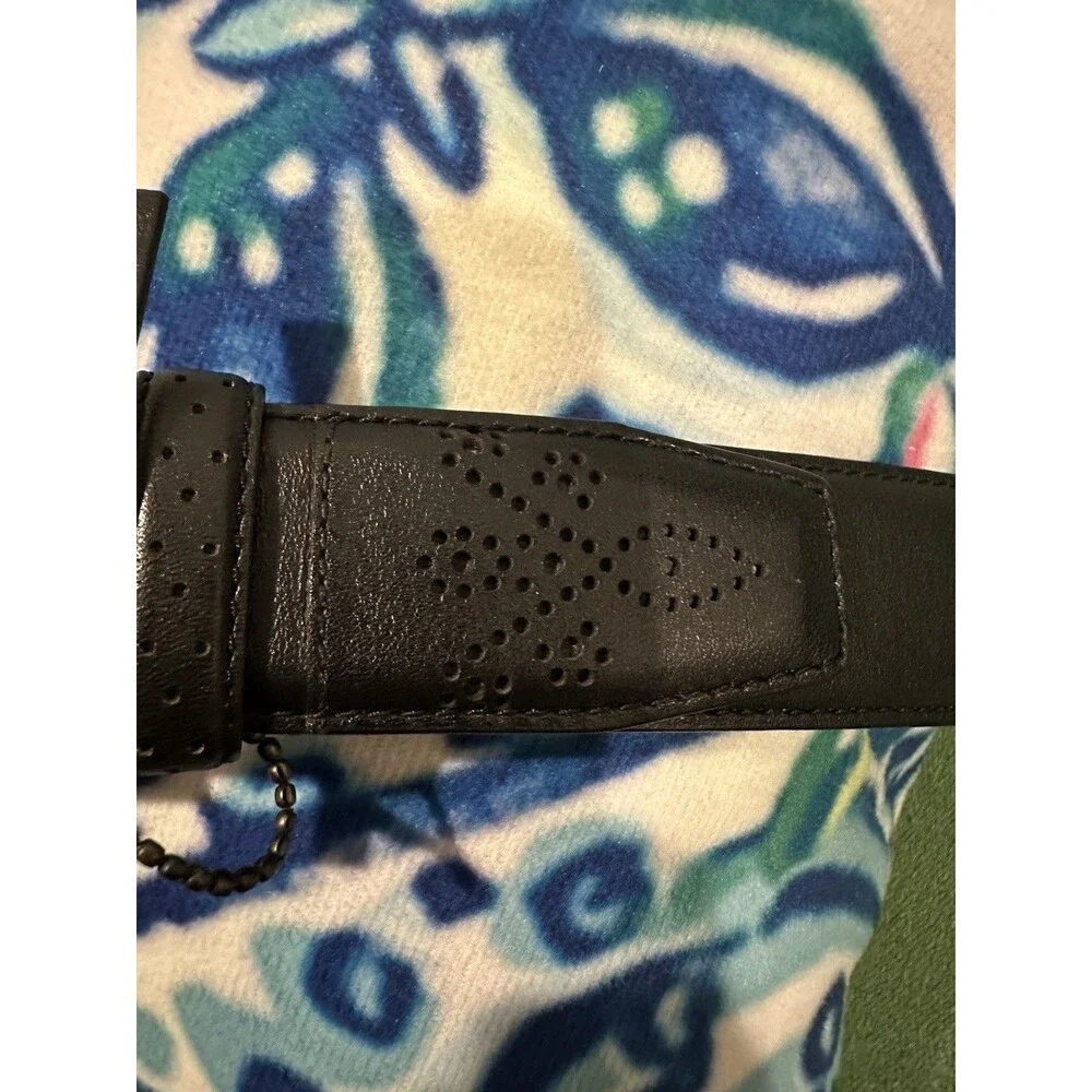 Tasso Elba Genuine Leather BLACK Belt 32 Silver Buckle, Unique Punch Design - Picture 4 of 9
